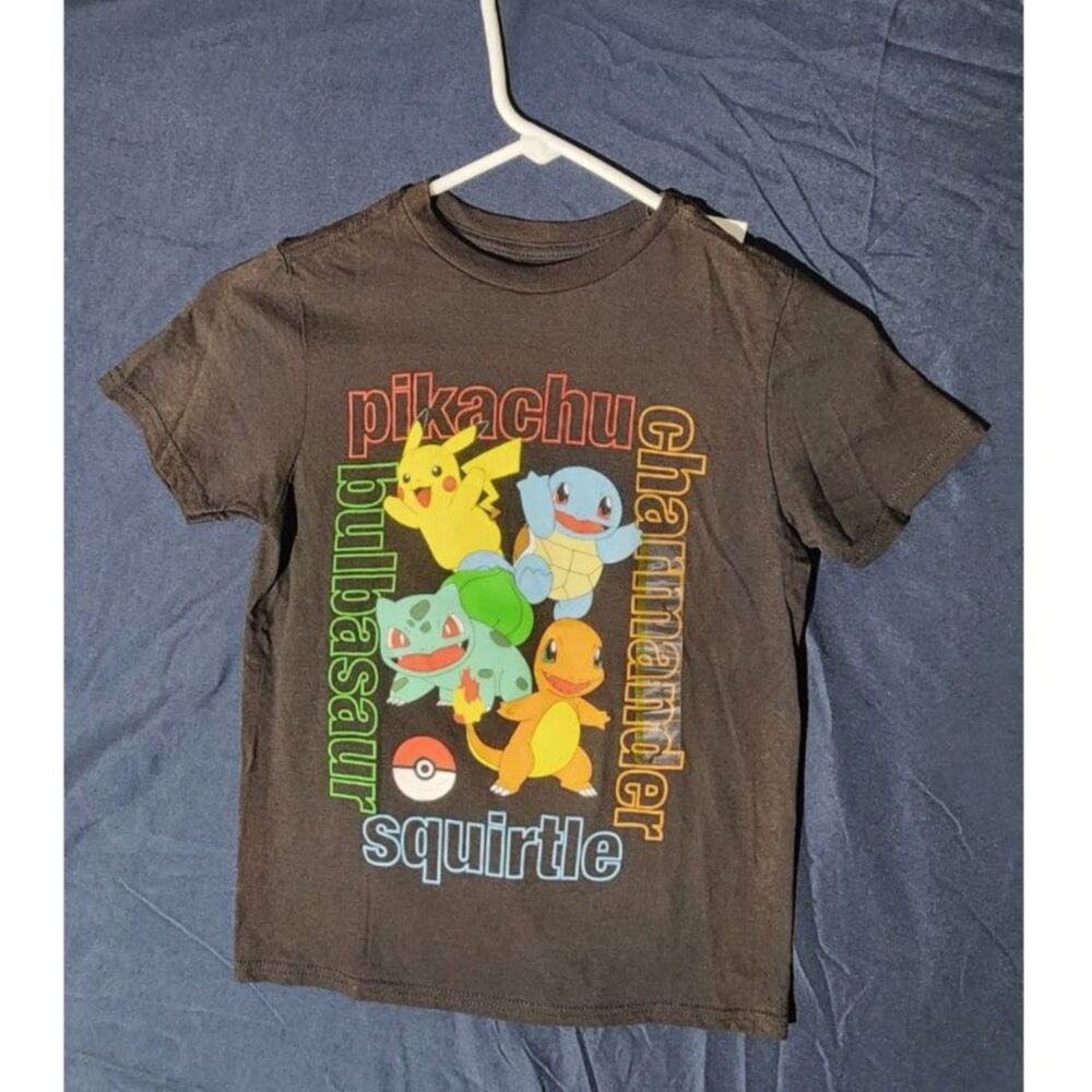 NWT Pokémon Kanto Starters Black Graphic T-Shirt Kids Size S *Sun Faded Flaw*